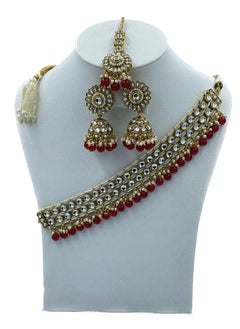 GOHONA Royal Bling Bollywood Traditional Indian Kundan sokar Jewellery Necklace With Earrings Set and 1 Tikka in RED colour