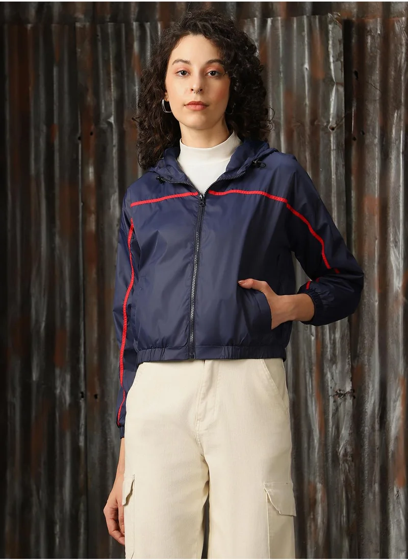HIGH STAR Women's Navy 100% Polyester Solid Oversized Jacket