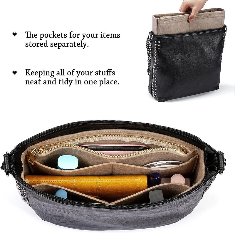 GREENSHEEP Small Purse Organizer with Zipper, Felt Insert Bag Organizer Handbag Tote Liner Pouch for Women (Large, Beige) - Image 4