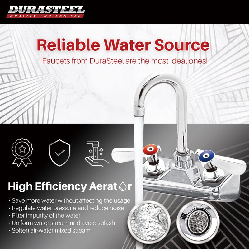 DuraSteel Commercial Hand Sink Faucet - 4 Inch Center Wall Mount Handwash Sink Faucet with 3-1/2"" Gooseneck Spout - CEC Certified Saving Water Faucet - Dual Swing - Image 2