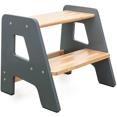 OCODILE 2Step Wooden Step Stool for Toddlers Kids Stool for Bathroom Sink Kitchen Use NonSlip Step Wooden Stool for Children Ages 2 Years Gray