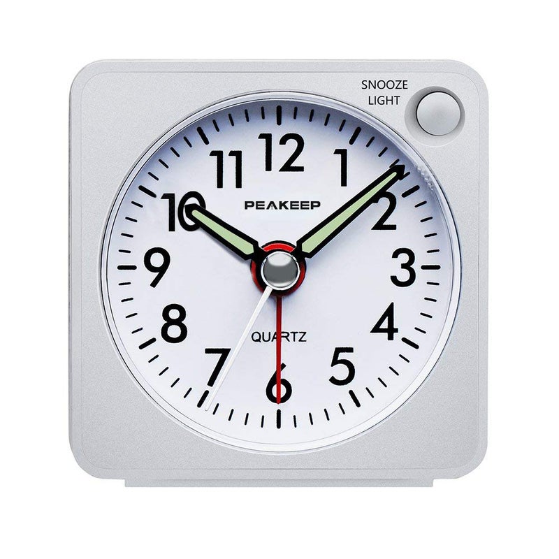 Peakeep Ultra Small Battery Travel Alarm Clock with Snooze and Light Silent with No Ticking Analog Quartz White