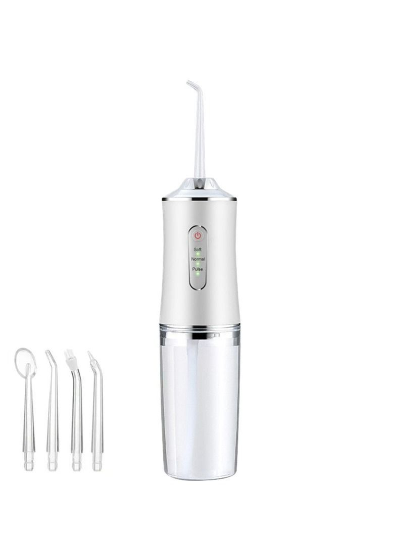 عام منظف الأسنان بالماء، جهاز محمول قابل لإعادة الشحن ومقاوم للماء، مع 4 فوهات، 3 وضعيات للتحكم في رش الماء، خزان قابل للإزالة، مناسب للرحلات العائلية (اللون: أبيض) - Image 1