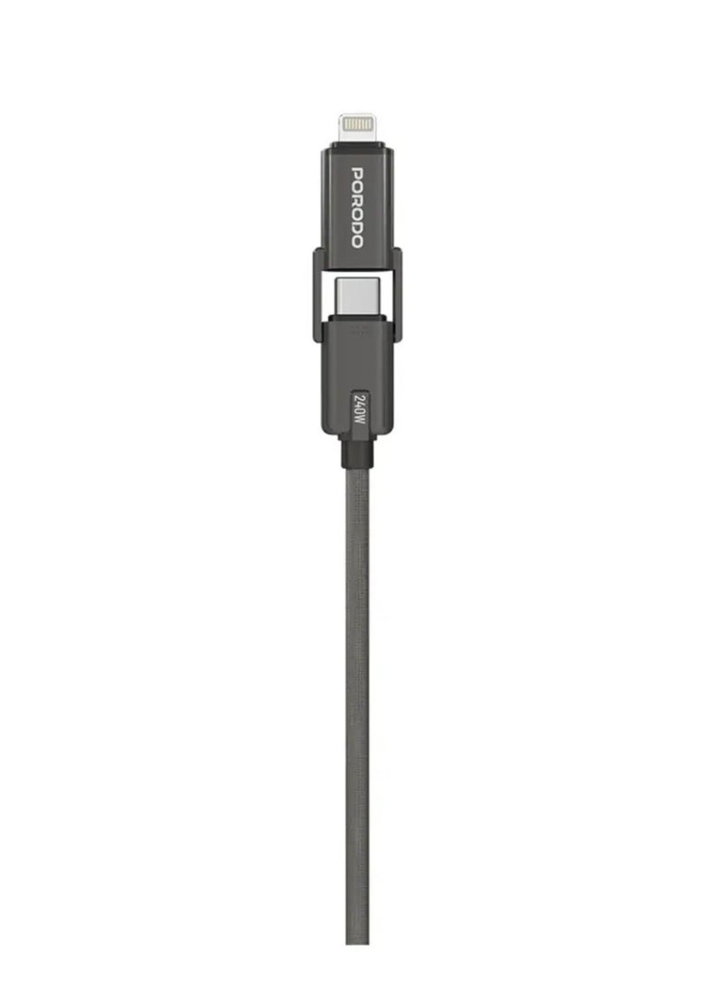porodo 4-in-1 Braided High-Speed Charging Cable with USB-C & USB-A Inputs, Lightning & Type-C Outputs, 240W USB-C to USB-C Output, Universal Compatibility - Black  - Image 2