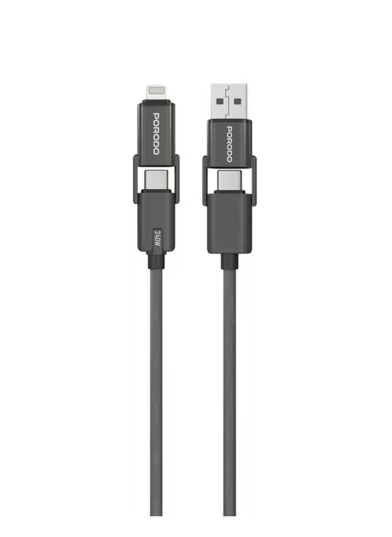 porodo 4-in-1 Braided High-Speed Charging Cable with USB-C & USB-A Inputs, Lightning & Type-C Outputs, 240W USB-C to USB-C Output, Universal Compatibility - Black  - Image 1