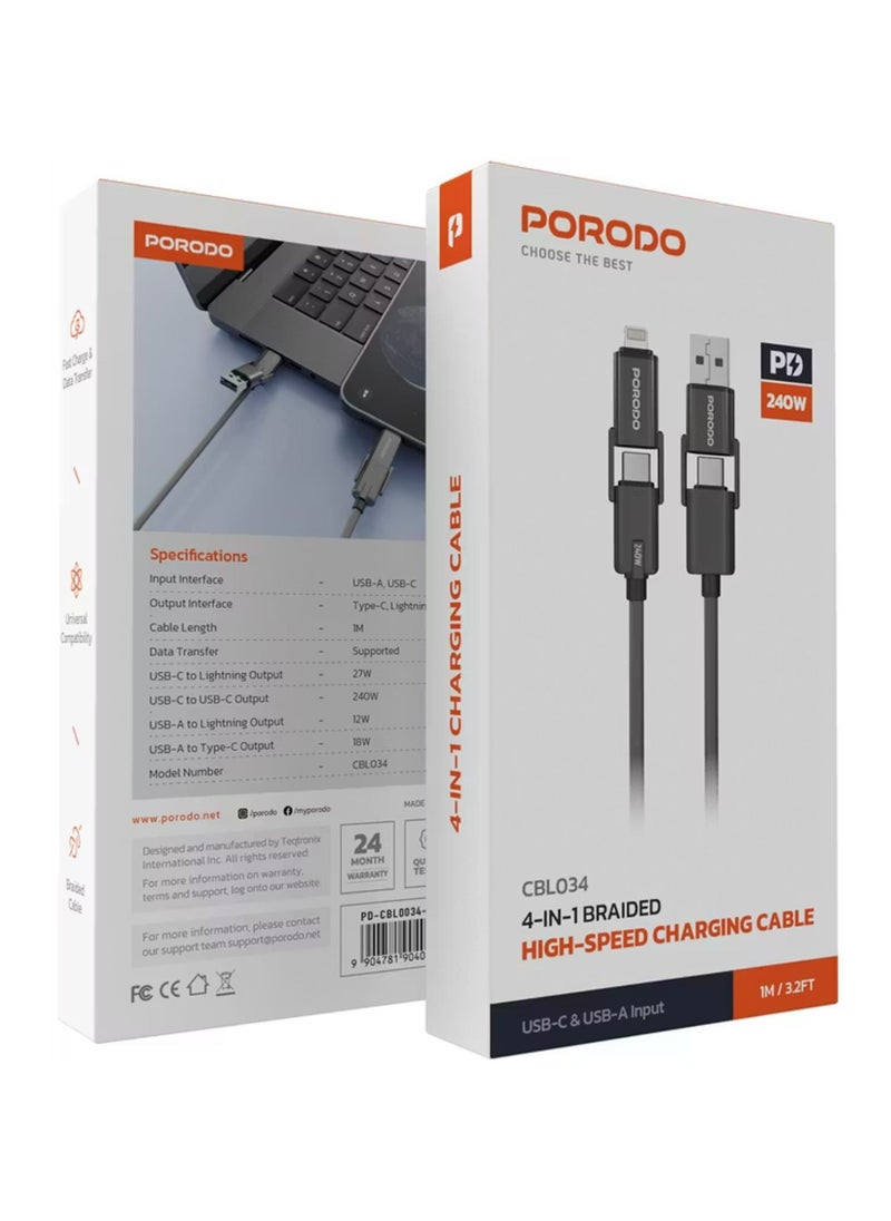 porodo 4-in-1 Braided High-Speed Charging Cable with USB-C & USB-A Inputs, Lightning & Type-C Outputs, 240W USB-C to USB-C Output, Universal Compatibility - Black  - Image 5