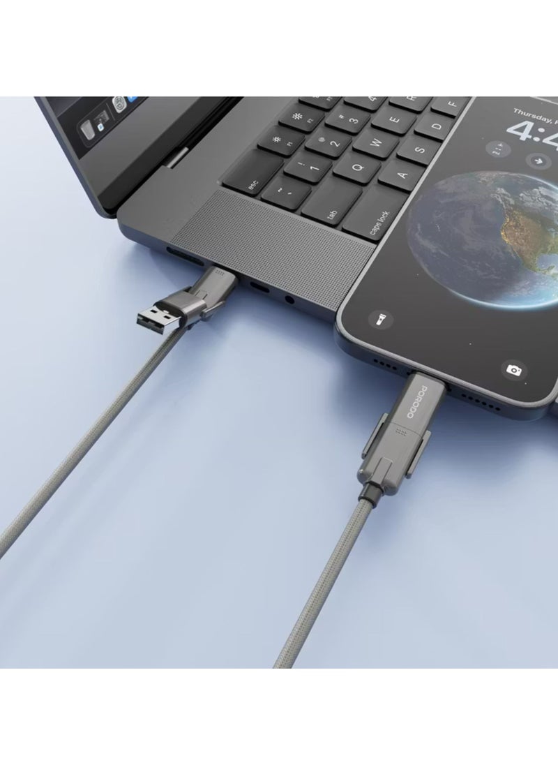 porodo 4-in-1 Braided High-Speed Charging Cable with USB-C & USB-A Inputs, Lightning & Type-C Outputs, 240W USB-C to USB-C Output, Universal Compatibility - Black  - Image 4