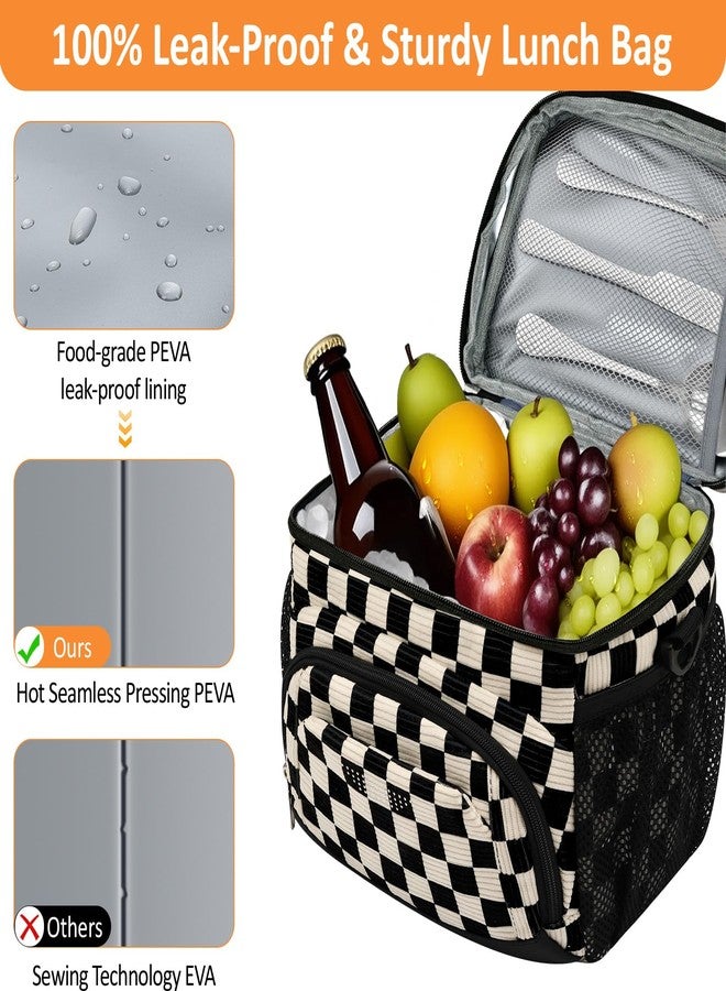 Vankor Insulated Lunch Bag for Men Women, Reusable Lunch Box Leakproof Cooler Lunch Tote Bag with Adjustable Shoulder Strap for Work Office Picnic Beach Travel, Corduroy Black White Checkered - Image 4
