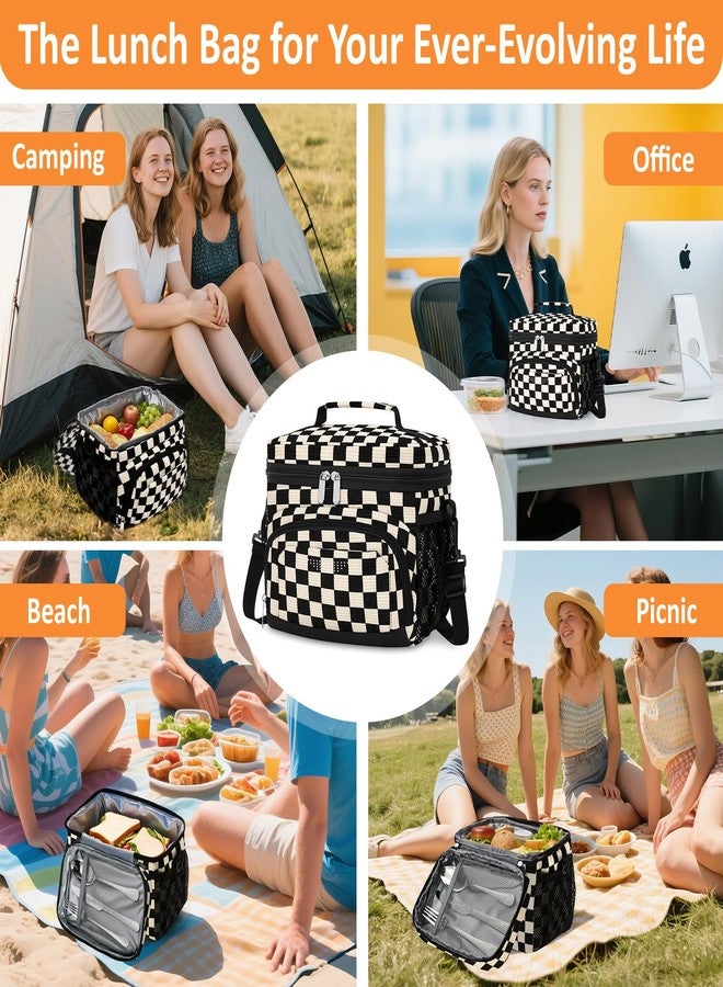 Vankor Insulated Lunch Bag for Men Women, Reusable Lunch Box Leakproof Cooler Lunch Tote Bag with Adjustable Shoulder Strap for Work Office Picnic Beach Travel, Corduroy Black White Checkered - Image 5