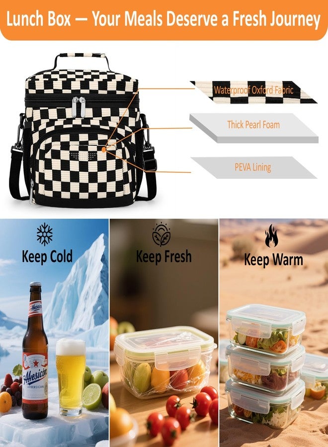 Vankor Insulated Lunch Bag for Men Women, Reusable Lunch Box Leakproof Cooler Lunch Tote Bag with Adjustable Shoulder Strap for Work Office Picnic Beach Travel, Corduroy Black White Checkered - Image 2