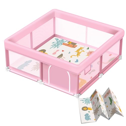 Jaobeem Pink Baby Playpen with Mat 50x50 Inch Playpen with Mat Waterproof for Babies and Toddlers Play Pen for Girls Pink Playards Safety Gate Fence Active Center Indoor - Image 1