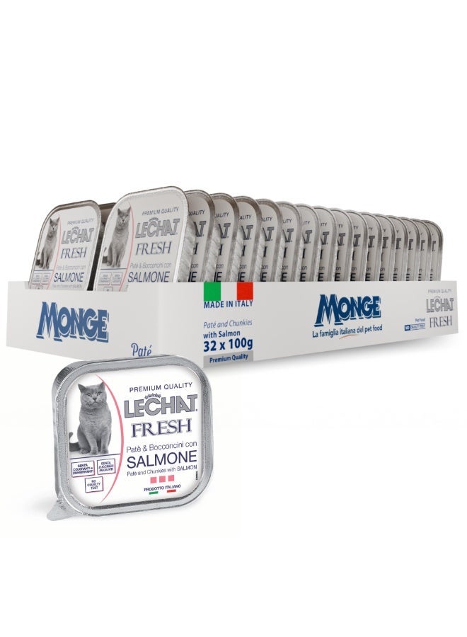 Monge Lechat Fresh by Monge | Cat Wet Food with Salmon | Super Premium Complete Wet Cat Food | Patè & Chunkies in Alutray  - Pack of 32x100g - Image 1