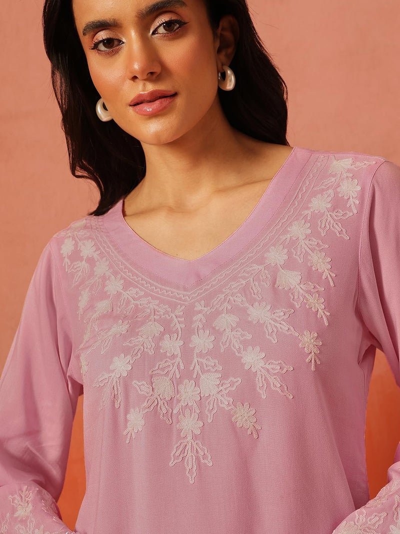 QAZMI Women's Sarah V-Neck Kashmiri Aari Work Full Sleeves Kurti_L Light Pink - Image 3