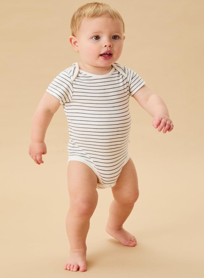MORI Baby Short Sleeve Bodysuit Grey Stripe for Boys & Girls - Romper with Envelope Neck and Nickel Free Popper - 9-12 Months - Image 3