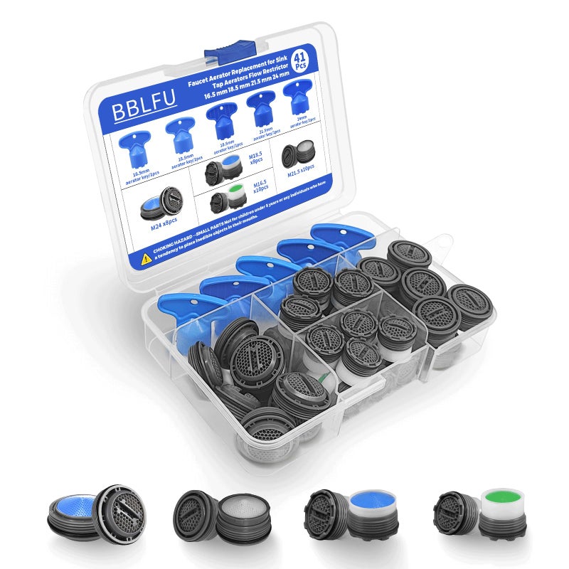 BBLFU 36Pcs Faucet Aerator Kit with 5 Sizes Aerator Key Removal Tools, Replacement Sink Tap Flow Restrictor Inserts for Bathroom and Kitchen, M16.5 M18.5 M21.5 M24 mm - Image 1