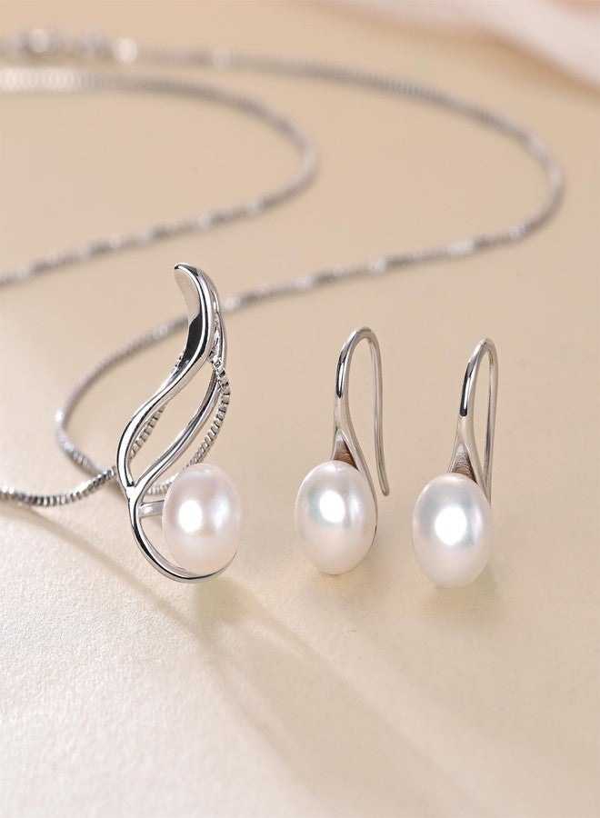 هينجشينج طقم مجوهرات لؤلؤ هينغشنغ للنساء، قلادة من الفضة الإسترليني عيار 927، وقلادة لؤلؤ، وأقراط لؤلؤ، طقم مجوهرات لؤلؤ المياه العذبة المتدلي، هدية مثالية لحفلات الزفاف والمناسبات الرسمية. - Image 4