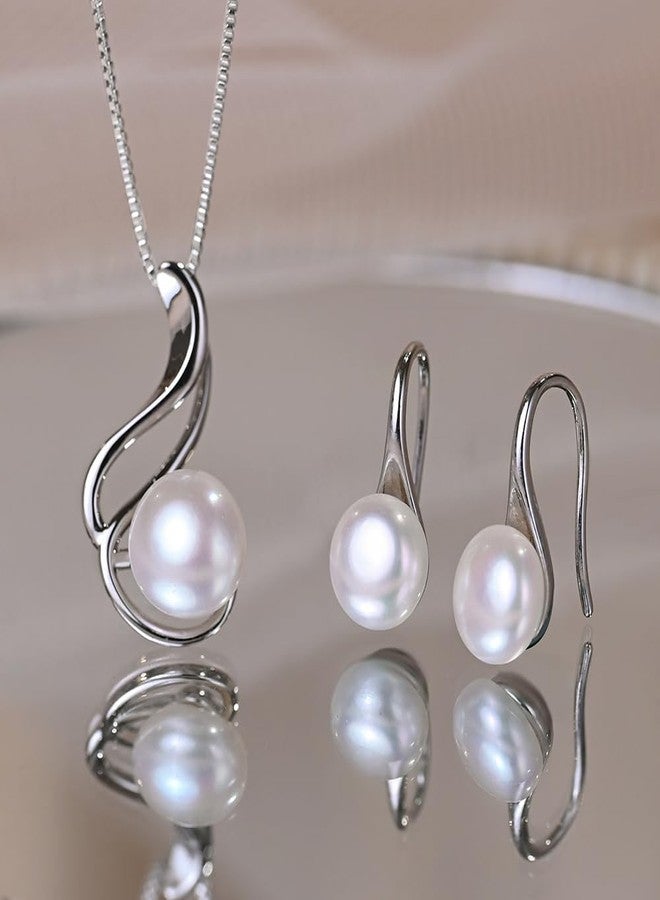 هينجشينج طقم مجوهرات لؤلؤ هينغشنغ للنساء، قلادة من الفضة الإسترليني عيار 927، وقلادة لؤلؤ، وأقراط لؤلؤ، طقم مجوهرات لؤلؤ المياه العذبة المتدلي، هدية مثالية لحفلات الزفاف والمناسبات الرسمية. - Image 2