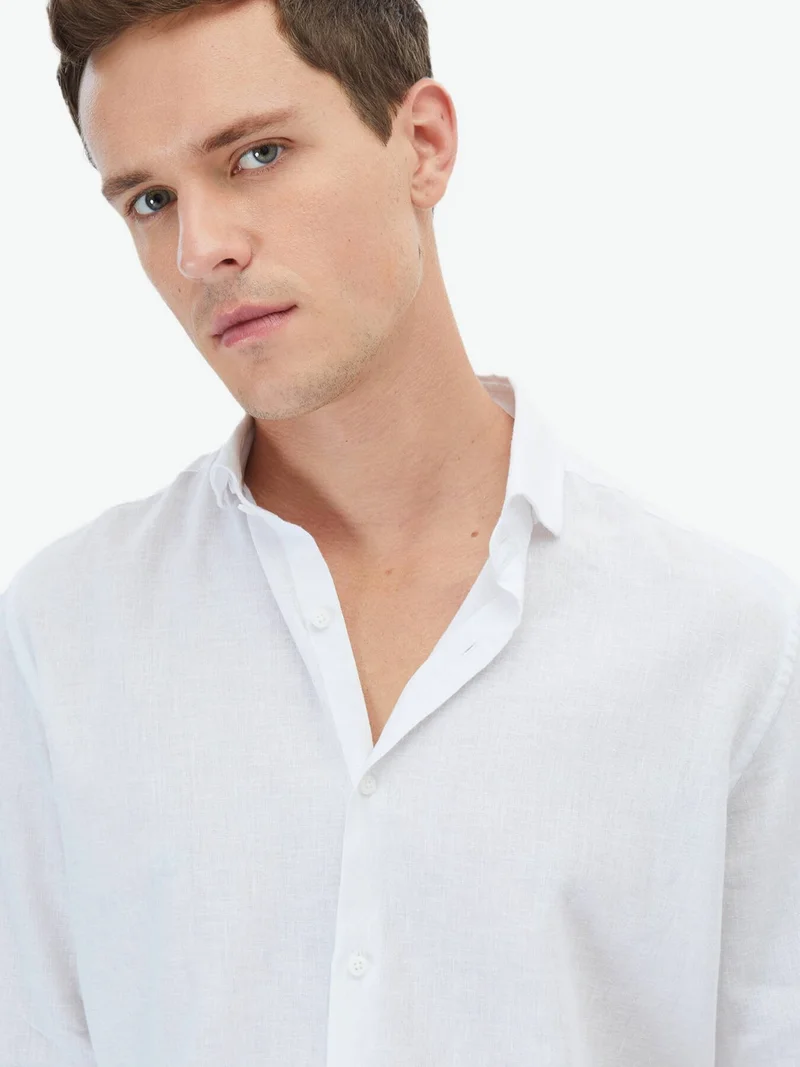 Kip White Plain Regular Fit Woven Casual Cotton Blend Shirt