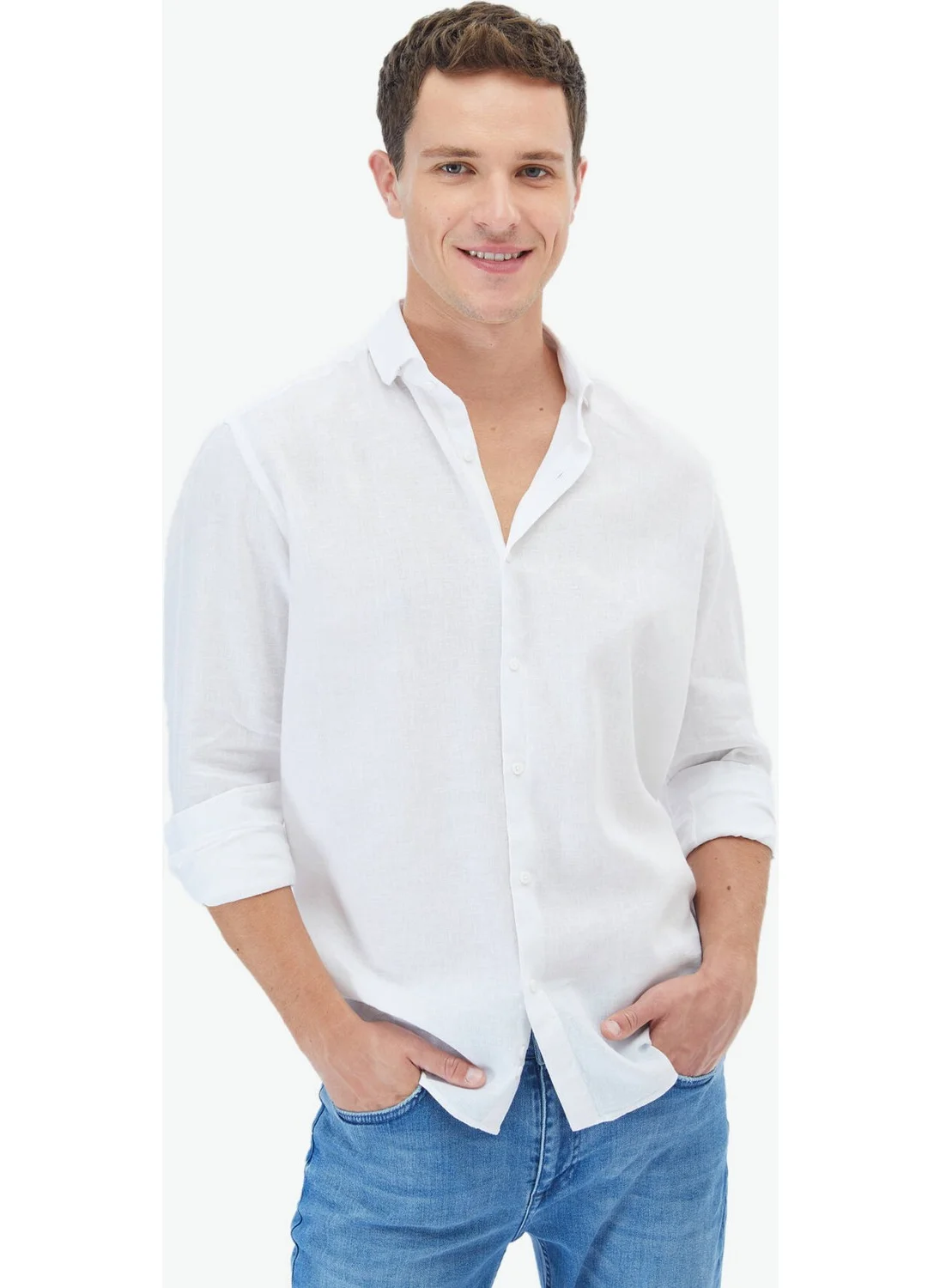 Kip White Plain Regular Fit Woven Casual Cotton Blend Shirt