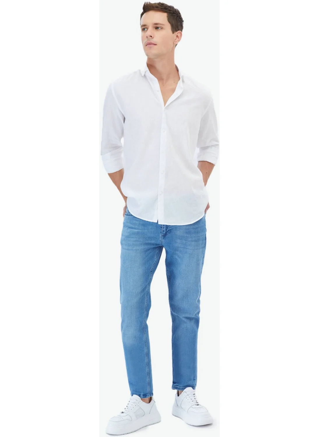 Kip White Plain Regular Fit Woven Casual Cotton Blend Shirt