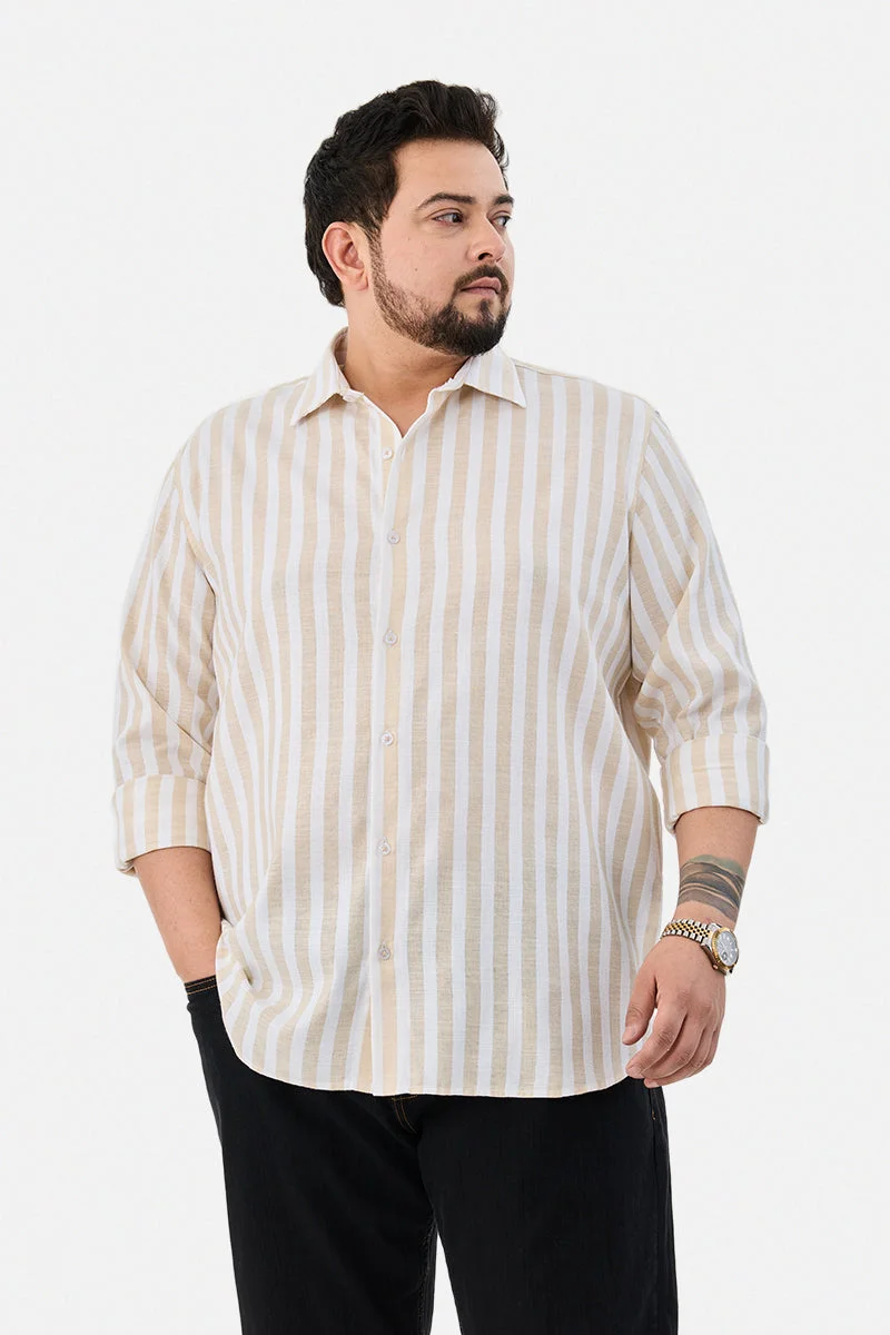 سنيتش Light Beige Striped Long Sleeve Regular Fit Plus Size Shirt