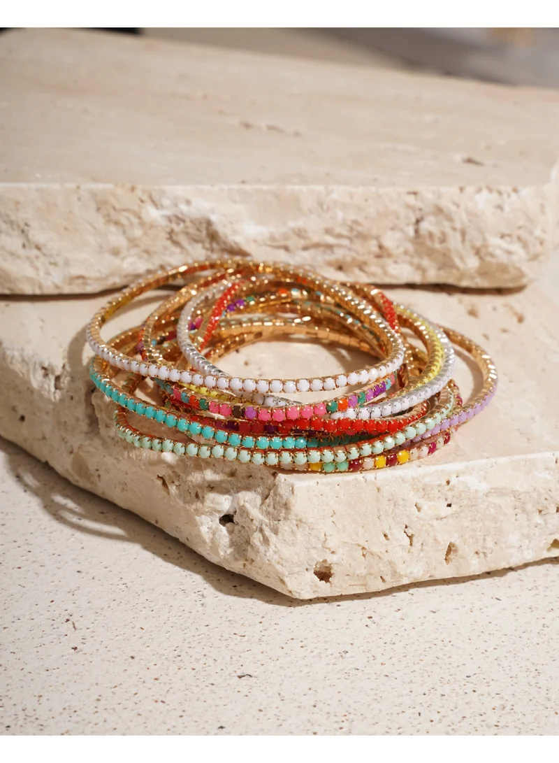 Sosha Elegance  Rainbow Rhinestone Golden Tennis Bracelet (Set of 10) for Women | Best Price UAE