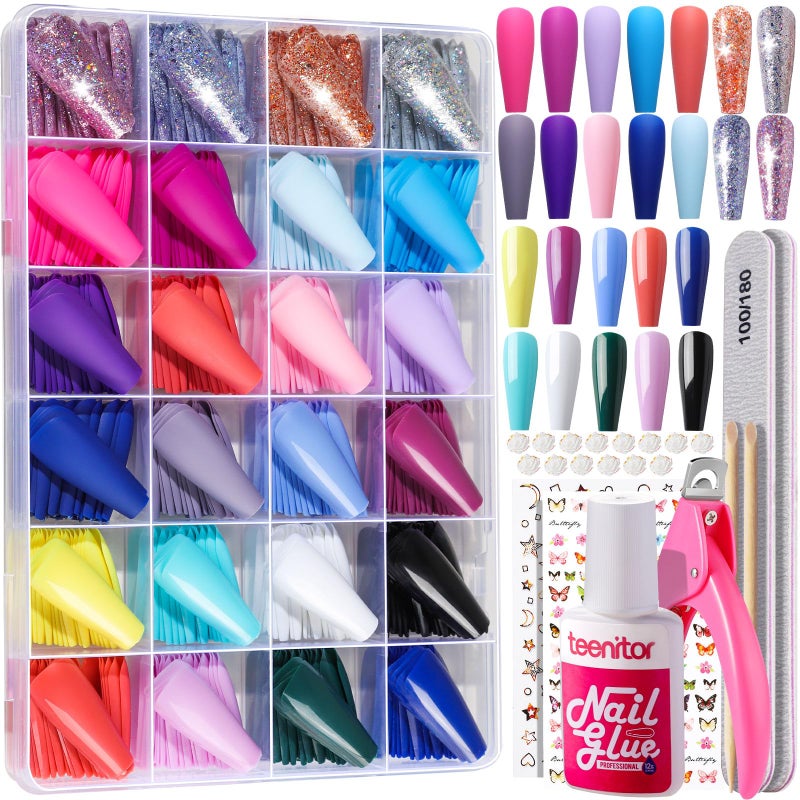 Teenitor Long Fake Nails Kit - 10 Colors Matte & Glossy, 4 Glitter Press On Nails - Image 1