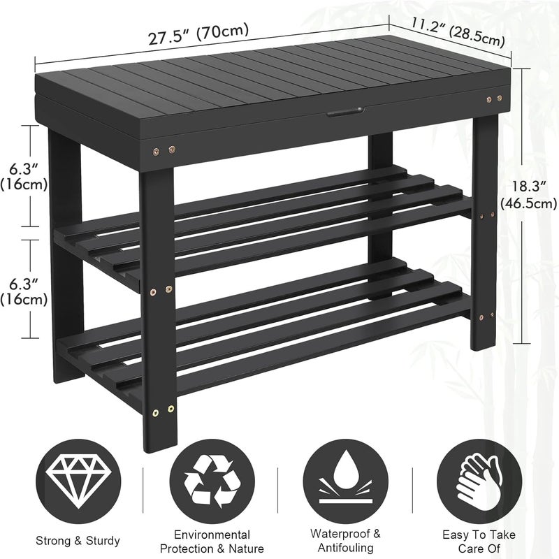 بامبوروبا م��عد تخزين الأحذية للمدخل، مقعد صغير من الخيزران بثلاثة أرفف مع درج تخزين، منظم رف الأحذية للاستخدام الداخلي والخارجي، أسود - Image 3