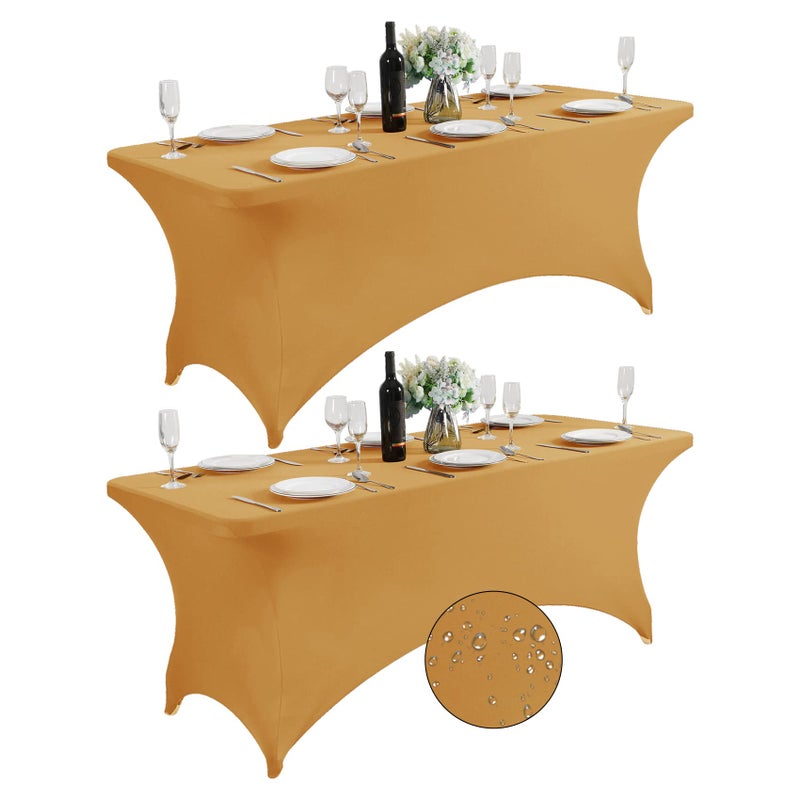 SuperO Waterproof Spandex Table Cover for 8FT Table Universal Fitted Stretch Tablecloth for Party Banquet Wedding and EventsGold