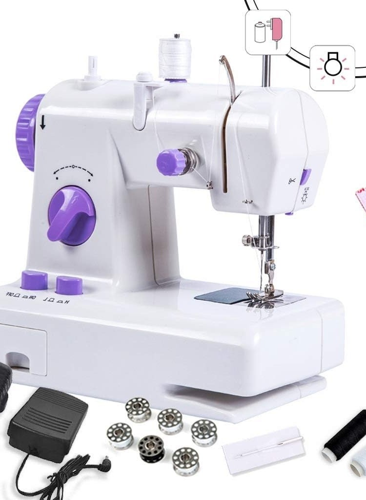 Sewing Machines, Mini White Purple Sewing Machine With Extension Table Portable Adjustable 2-Speed Mending Machine With Foot Pedal -1.7 - Image 1