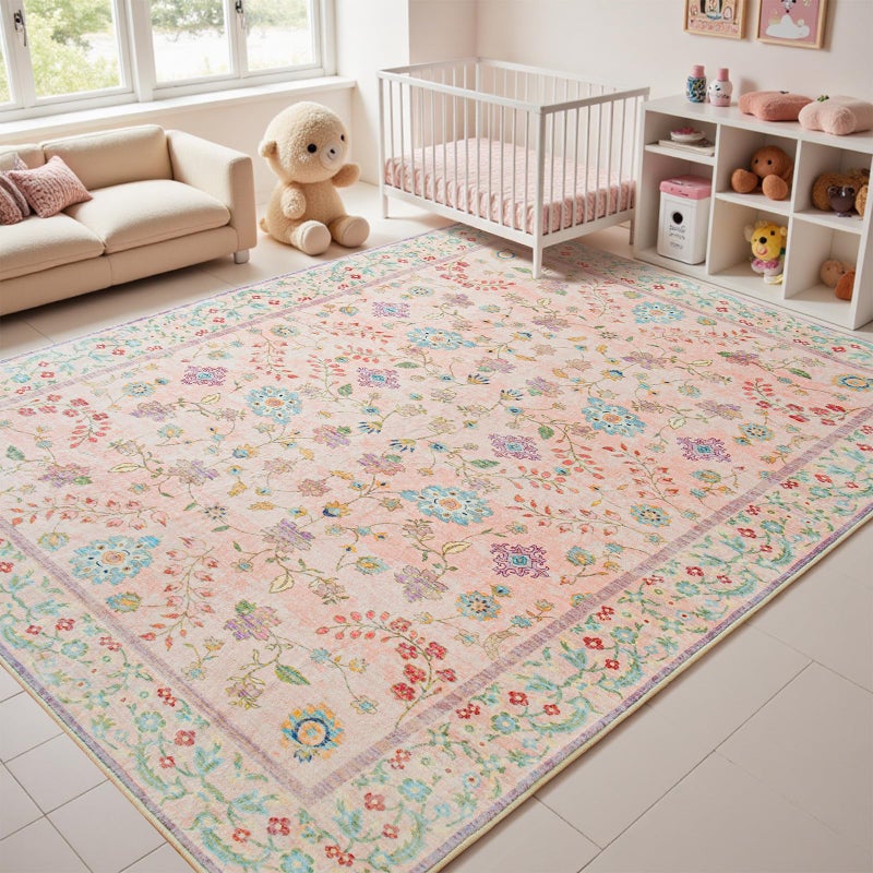 Goideal Pale Pink Living Room Rug 8x10, Floral Washable Area Rug Non Slip, Boho Low Pile Carpet with Rubber Backing for Bedroom Kitchen Bathroom Playroom Entryway Office - Image 1