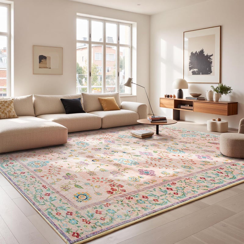 Goideal Pale Pink Living Room Rug 8x10, Floral Washable Area Rug Non Slip, Boho Low Pile Carpet with Rubber Backing for Bedroom Kitchen Bathroom Playroom Entryway Office - Image 2