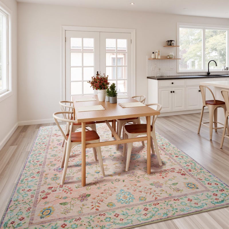 Goideal Pale Pink Living Room Rug 8x10, Floral Washable Area Rug Non Slip, Boho Low Pile Carpet with Rubber Backing for Bedroom Kitchen Bathroom Playroom Entryway Office - Image 4