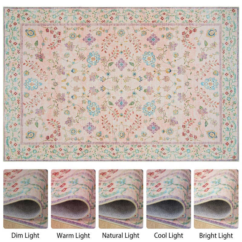 Goideal Pale Pink Living Room Rug 8x10, Floral Washable Area Rug Non Slip, Boho Low Pile Carpet with Rubber Backing for Bedroom Kitchen Bathroom Playroom Entryway Office - Image 5