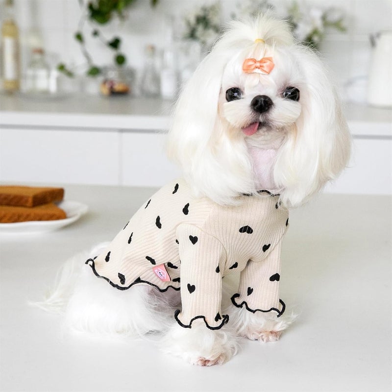 Yaopelky Pet Clothes for Small Dogs Cat Summer Fall Heart Print Shirt Stretchable Ruffle Long Sleeve Outfits for Chihuahua Schnauzer Shih Tzu Yorkie (Coffee, X-Small) - Image 5