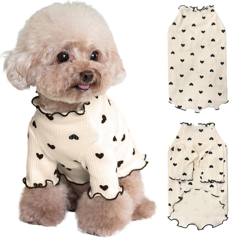 Yaopelky Pet Clothes for Small Dogs Cat Summer Fall Heart Print Shirt Stretchable Ruffle Long Sleeve Outfits for Chihuahua Schnauzer Shih Tzu Yorkie (Coffee, X-Small) - Image 1