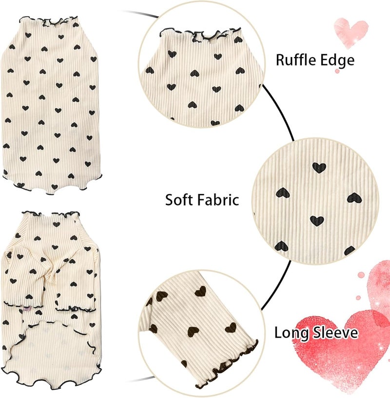 Yaopelky Pet Clothes for Small Dogs Cat Summer Fall Heart Print Shirt Stretchable Ruffle Long Sleeve Outfits for Chihuahua Schnauzer Shih Tzu Yorkie (Coffee, X-Small) - Image 2