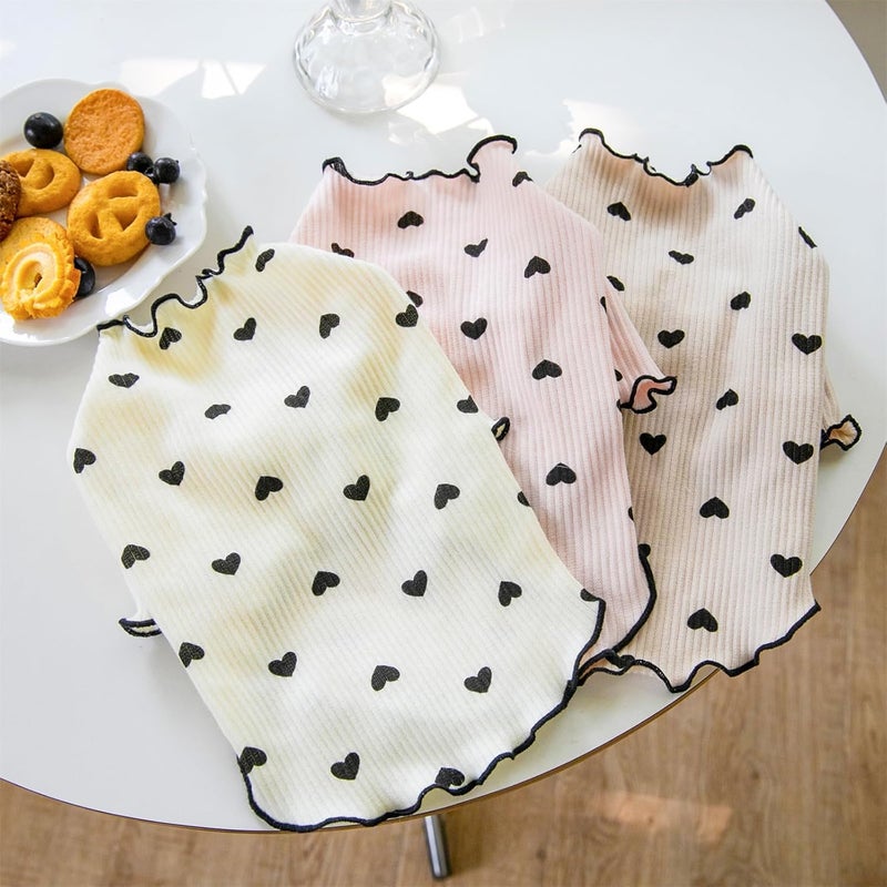 Yaopelky Pet Clothes for Small Dogs Cat Summer Fall Heart Print Shirt Stretchable Ruffle Long Sleeve Outfits for Chihuahua Schnauzer Shih Tzu Yorkie (Coffee, X-Small) - Image 3