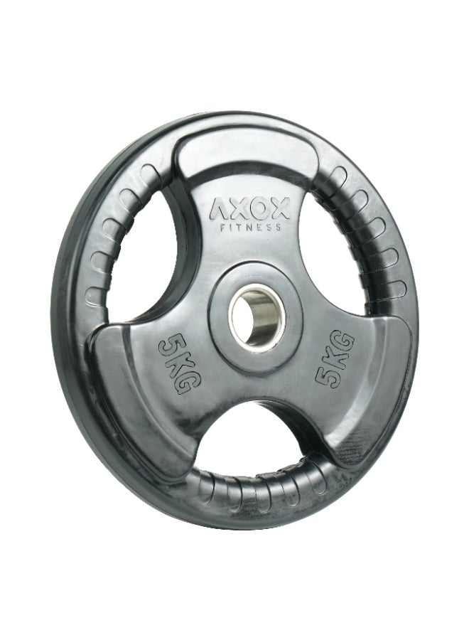 أكسوكس صفيحة أوزان مطاطية أكسوكس 5 كجم - صفيحة جم قياسية أولمبية، للتدريب في المنزل والمراكز التجارية، مطلية بالمطاط ومتينة، بمقابض ثلاثية القبضة - Image 1