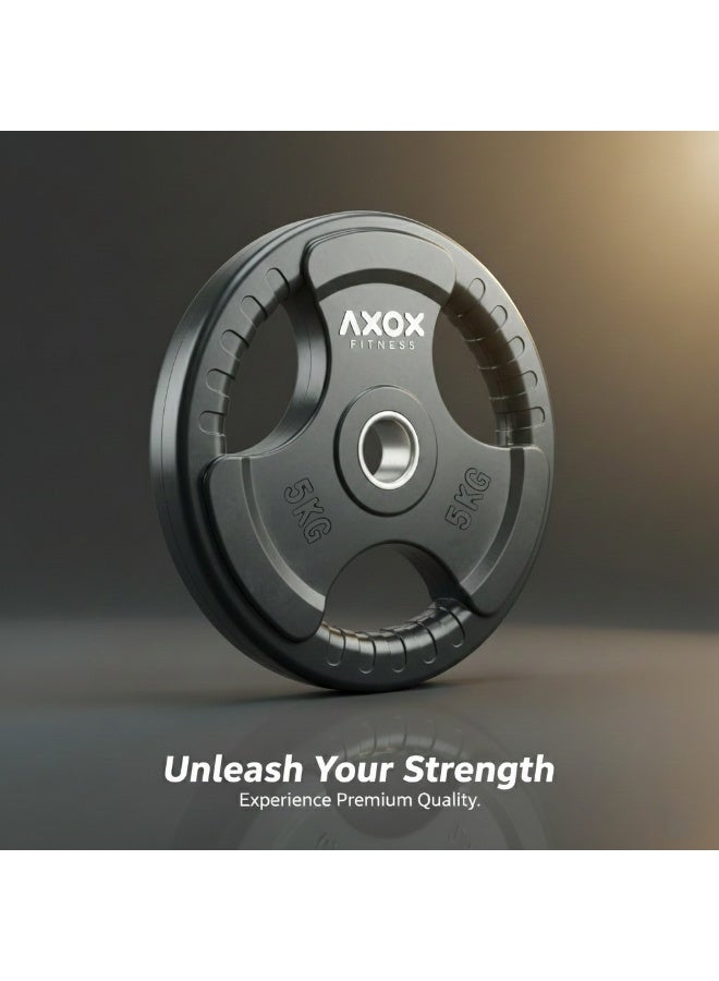 أكسوكس صفيحة أوزان مطاطية أكسوكس 5 كجم - صفيحة جم قياسية أولمبية، للتدريب في المنزل والمراكز التجارية، مطلية بالمطاط ومتينة، بمقابض ثلاثية القبضة - Image 2