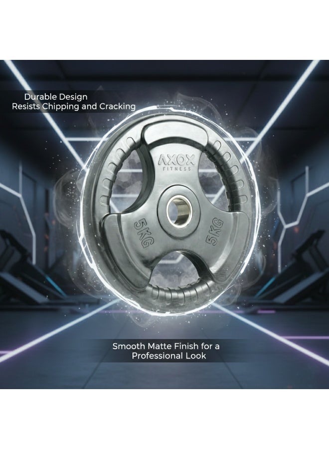 أكسوكس صفيحة أوزان مطاطية أكسوكس 5 كجم - صفيحة جم قياسية أولمبية، للتدريب في المنزل والمراكز التجارية، مطلية بالمطاط ومتينة، بمقابض ثلاثية القبضة - Image 4