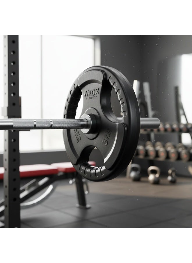 أكسوكس صفيحة أوزان مطاطية أكسوكس 5 كجم - صفيحة جم قياسية أولمبية، للتدريب في المنزل والمراكز التجارية، مطلية بالمطاط ومتينة، بمقابض ثلاثية القبضة - Image 5