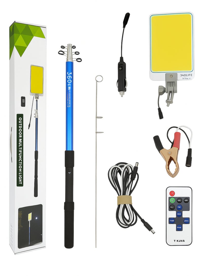 Outdoor LED Camping Light Set – 360cm Telescopic Pole with Ultra-Bright COB Light Panel, Remote Control, 12V Car Plug, Battery Clips & Ground Stake – High Mast Lighting for Camping, Desert Trips & Outdoor Activities - Image 1