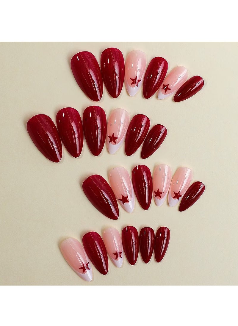 JOSQUEWNN Press on nails 24PCS, New Handmade Press-On Nails, French Edge Red Star Pure Color Almond-Shaped Nail Tips, the Perfect Combination of Elegance and Personality, Fake Acrylic Nails With Glue Kit.  - Image 3