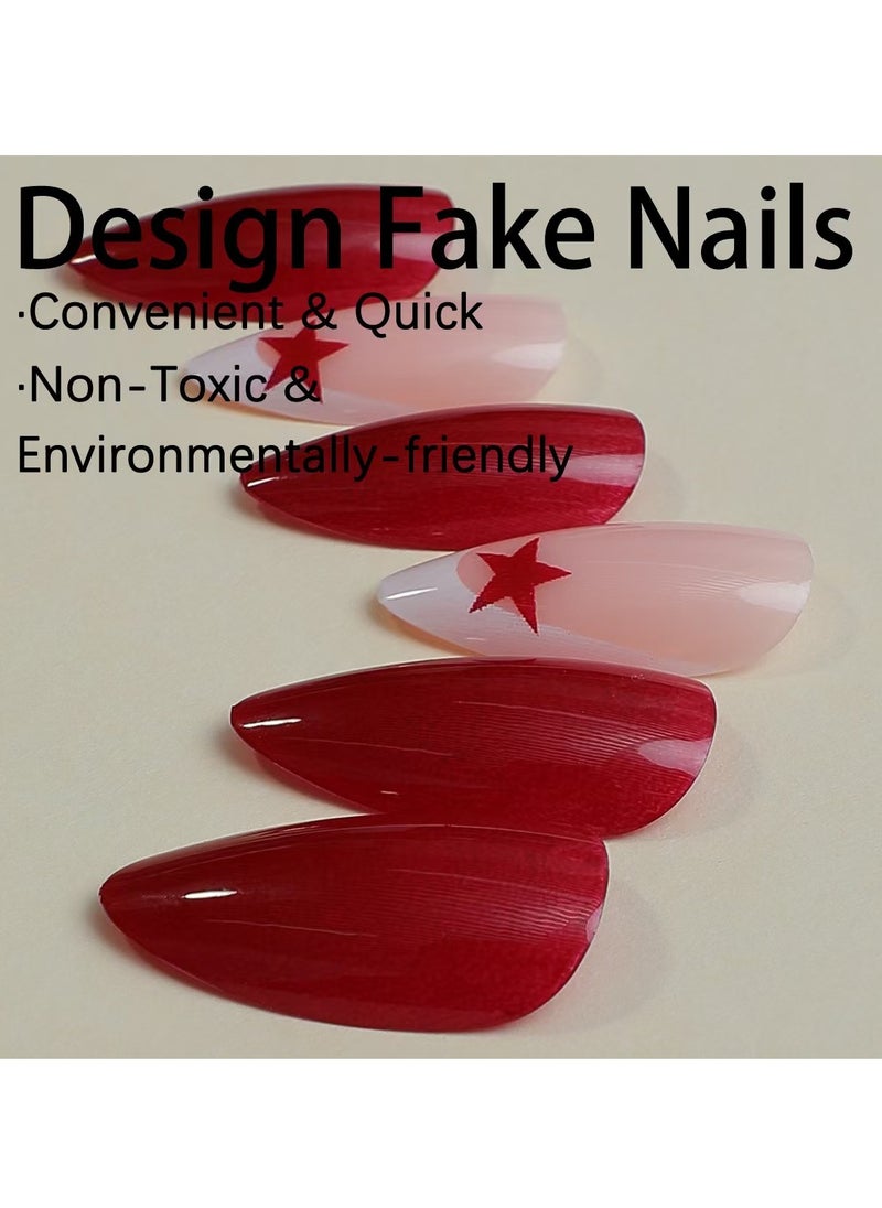 JOSQUEWNN Press on nails 24PCS, New Handmade Press-On Nails, French Edge Red Star Pure Color Almond-Shaped Nail Tips, the Perfect Combination of Elegance and Personality, Fake Acrylic Nails With Glue Kit.  - Image 5