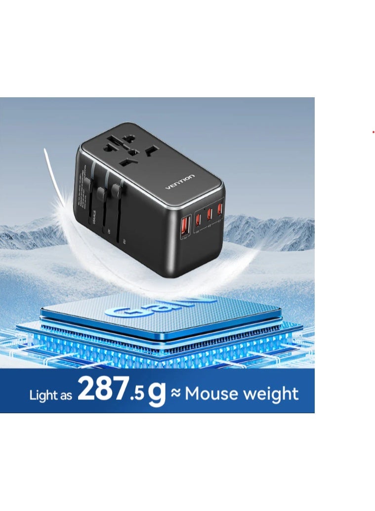 Vention 4-Port USB GaN Universal Travel Adapter, 100W PD Fast Charging (C+C+C+A), Compatible with Laptops, MacBook, iPhone, Samsung, iPad & More, 2500W AC Output, Multi-Plug (US/UK/EU/AU), Black - Image 4