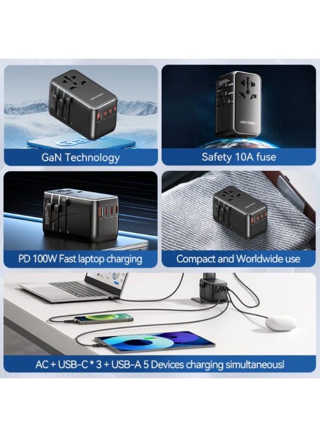 Vention 4-Port USB GaN Universal Travel Adapter, 100W PD Fast Charging (C+C+C+A), Compatible with Laptops, MacBook, iPhone, Samsung, iPad & More, 2500W AC Output, Multi-Plug (US/UK/EU/AU), Black - Image 3