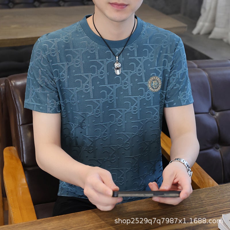 [Real Ice Silk Fabric] Summer Thin All-match Men's T-shirt Short-sleeved Jacquard Round Neck High-end T-shirt - Image 1