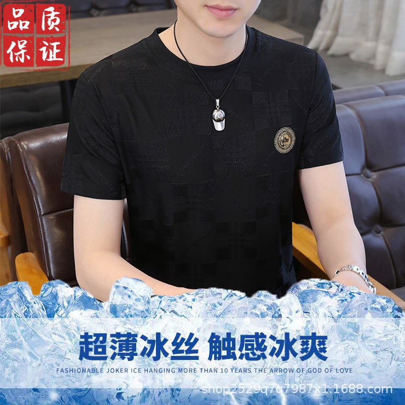 [Real Ice Silk Fabric] Summer Thin All-match Men's T-shirt Short-sleeved Jacquard Round Neck High-end T-shirt - Image 3