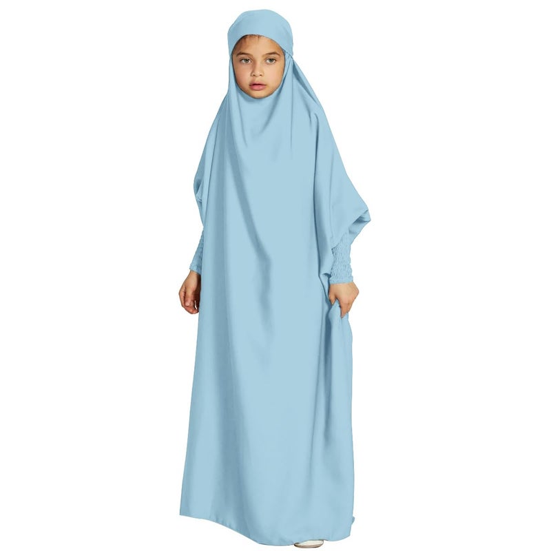 Ramadan Muslim Dress for Girls Abayas Arabic Prayer Robes Hijab Dress Floor Length Kaftan Arabian Islamic Eid Dresses Light Blue Kids 1112 Years